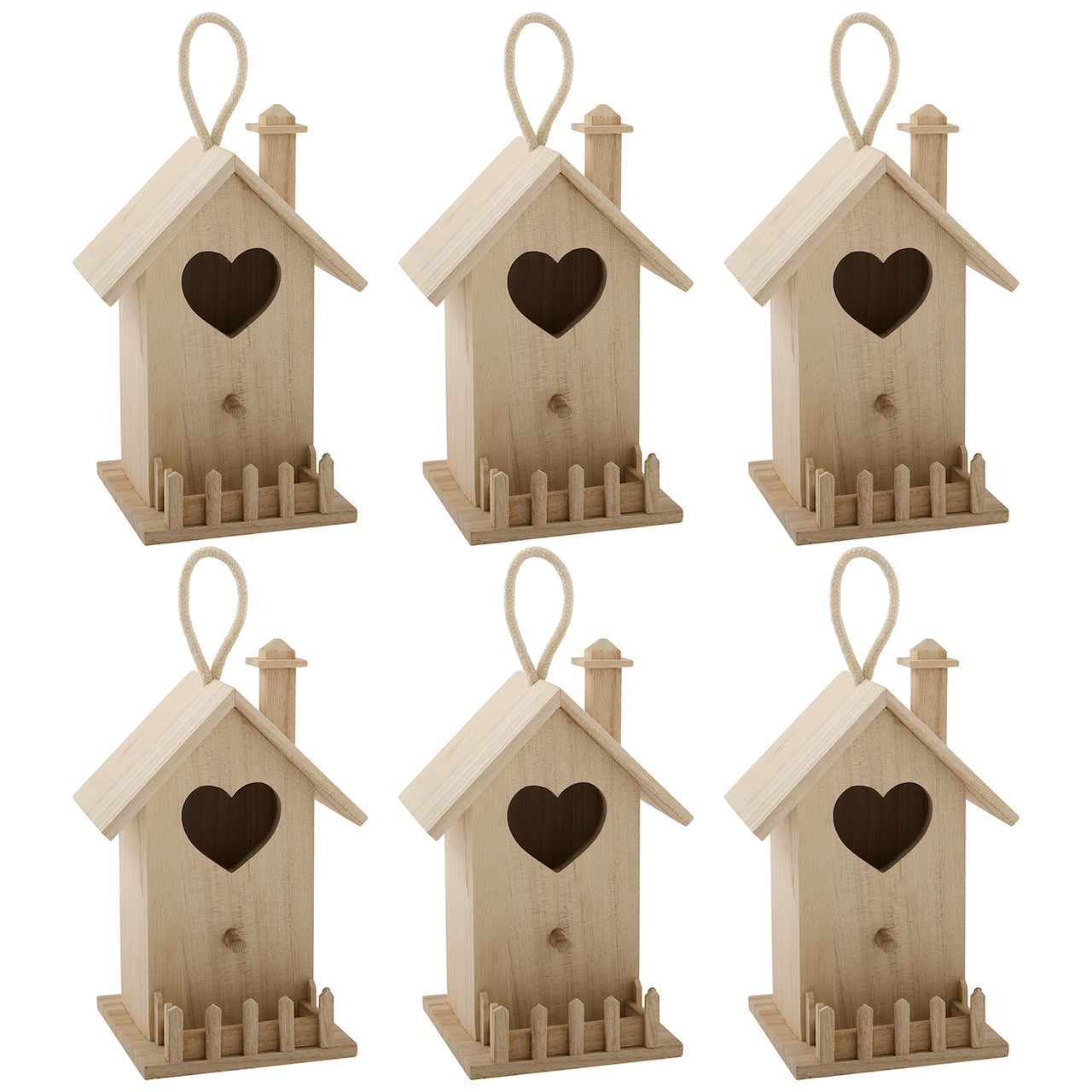 6 Pack: 8" Heart & Fence Wood Birdhouse by Make Market®